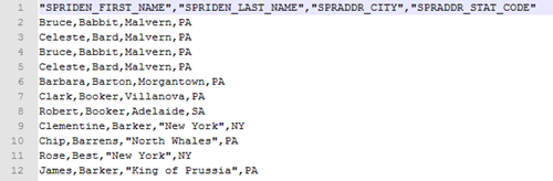 CSV report in Notepad showing four columns of data separated by commas